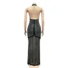 Kricesseen Sexy Black Halter Embelwied Crystal Maxi Jurk Dames Backless See Through Bodycon Verjaardag Clubwear Church Dress X0521