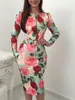 Women Dress Bandage Bodycon Long Sleeve Floral Printed Party Casual Ladies Chic Female Autumn Clothing 210522