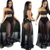 Summer Womens Two Piece Dresses Sexy Mesh Crop Top Strapless Skirt Bodycon Dress Fashion Solid Colors High Quality S-XXL