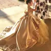 Vestidos de menina Gold Gold First Comunhão Crianças Vestido de Ball Lace Apliques Contas Bow Long Girls Pageant Dress Satin Tulle Flower Girl