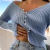 knitted solid blue cardigans sweater women button up casual autumn jumper spring tops 210427