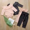 Cute Baby Girl Set di abbigliamento autunno solido foglia di loto colletto bottone manica lunga fiocco telai pantaloni 2 pezzi vestiti per bambini 24 5sc L2