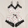 Sexy Dessous Pyjama Sets für Frauen Hause Kleidung Nachthemd V-ausschnitt Herz Druck Spitze Satin Leibchen Bowknot Shorts Set #YJ Q0706