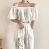 White Matching Sets Summer Retro Loose Slash Neck Lantern Sleeve Blouse Women Short Wild High Waist Straight-leg Casual Pant 210429