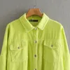 Risvolto a maniche lunghe in velluto a coste verde fluorescente fresco sciolto CHIC femminile cappotto monopetto dolce tasca giacca da donna 210507