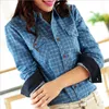 Spring Autumn Slim Flanell Plaid Blue Women Korean Turn-Down Collar Long Sleeve 100% Cotton Shirts Tops High Quality 210326