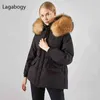 Chaqueta de invierno Lagabogy para mujer, Parkas holgadas gruesas y cálidas con capucha de piel Natural grande, abrigos de plumón de pato blanco 90%, prendas de vestir para la nieve en la cintura 211130