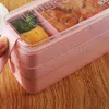 Lunchbox 3 Grid Tarwe Stro Bento Transparant Deksel Voedsel Container Voor Werk Reizen Draagbare Student Lunchboxen Containers Zee Verzending RRA4404