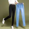 Kvinnors Enkla Solid Elastiska Hög Midja Skinny Jeans Plus Storlek 38 Mode Kvinnor Svart Blå Slim Mamma Stretch Denim Pants 210708