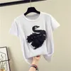 Kadın Yaz Elbise Sticker Üç Boyutlu Kuğu Işlemeli T-Shirt Kadın Kısa Kollu Gevşek Kazak Gömlek Tops 210603