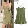 Abito Verde Leopardato Slip Mini Donna Volant Backless Sexy Corto es Donna Vintage Estivo es 210519