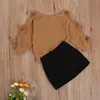 Roupas conjuntos de crianças criança criança menina menina outono roupas de inverno de inverno de manga comprida pompom malha camisa de camisola de botão superior saia 2pcs conjunto de roupas