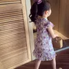 Summer Girls Cheongsam Sumemr 2-8 Year Kids Floral Chiffon Dress Retro Chinese Style Outfits Children Cotton Clothing Q0716