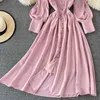 Vintage Pink/White Single Breasted Long Dress Women Summer Elegant V-Neck Lantern Sleeve High Waist Party Vestidos Spring Autumn Y0603