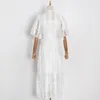 Белые пэчворки Аппликации платье для женщин O шеи лепестки рукав высокой талии пояс богемные платья женщины 210520