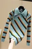 Primavera Design Irregular Top Curtir Collar Stripe Full T-Shirt Mulheres 210615