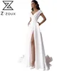 Frauen Kleid Temperament Weiß Maxi es V-ausschnitt Hohe Taille Split Sexy Große Saum Plus Größe Sommer es 210513