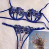 Prilin Women Sexy Lingerie Set Transparent Floral Embroidery Push Up Bra Panty Erotische Kostuums Temptation Sensual Underwear Blue