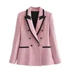 ZA elegante chaqueta rosa texturizada mujer manga larga contraste ribete doble botonadura Blazers mujer moda lindo abrigo prendas de vestir exteriores 211006