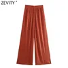 Zevity 여성 패션 솔리드 컬러 주름 넓은 다리 바지 여성 세련된 신축성있는 허리 사이드 포켓 ​​캐주얼 여름 긴 바지 P1142 211112