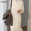 High Neck Pullover Flare Langarm Solide Kleid Frauen Wais Hüfte Drapierte Design Eine Linie Vestidos Vintage Robe 210422