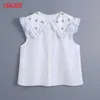 Tangada Mulheres Retro Bordado Gola Oversized Blusa Romântico Camisa Ruffles Verão Chique Feminino Camisa Tops BE13 210609