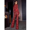 Женские комбинезоны Rompers High Street Autumn Red Sexy Lace Full Sleeve Bandage Jumpsuit 2021 Celebrity Designer Fashion Party Women