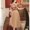 Summer Women Vintage Velvet Embroidery Short Sleeve T Shirt+ Elastic Waist Mesh Mid Calf Skirts 2pcs Set Suit 210520