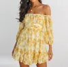 Vestido de estilo de playa con estampado floral de manga larga para mujer fuera del hombro bohemio verano vestido de verano lindo amarillo mini vestidos femeninos 210427