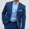 2 sztuk Biznes Mężczyźni Garnitury do ślubu Slim Fit Blue Groom Tuxedo z Peaked Lapel Custom Man Fashion Costume Zestaw Pants X0909