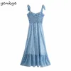 Blå blommigtryck Chiffong klänning Kvinnor Sexig Ärmlös A-Line Summer Long Kvinna Prairie Chic Robe 210430
