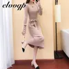 Jesienna zimowa dzianina długa sukienka Kobiety Eleganckie swobodne szafki bodycon szat Sweter Swater Office Lady Mid-Calf Knitte Dress Y1006