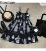 Korobov Mulheres Vestidos Verão Novo Chic Harajuku Character Print Spaghetti Strap Dress Dark Style Streetwear A-Line Vestidos 210430