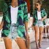 GetSpring Women Blazer Leaf Printed Green Coat Three Quarter Sleeve Single Breasted Women's Slim Suit Jacket Autumn 210930