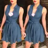 Women Dress Big Open Deep V-Neck Button Decorated Sleeveless Ruched Denim Fit and Flare High Waist Clothing 210522