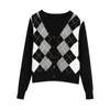 Vintage Stylish Geometric Pattern Short Knitted Sweater Fashion Long Sleeve England Style Outerwear Cardigan Chaqueta 210430