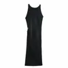 春の女性中空ビーズの装飾黒のニットMidiのドレス女性Oネックノースリーブの服カジュアルな女性vestido D7259 210430