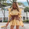 Gratis Sweet Dress Women's Fashion Lantern Sleeve Ruffle A-Line Pleated Mini Leather Lace-Up Girdle Vestido 210524