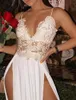 Hollow Out Deep V Evening Party Dresses Custom Made Lace Performance Host Dress Model Show Slit Gowns High Quality