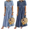 Denim vestido retro mulheres manga curta giro para baixo bolsos de colarinho botão longo Denim vestido bolsos botão longo solto mais tamanho x0629