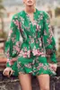 Elegante arco manga longa verde floral impresso vestidos para mulheres outono desenhador de pista vintage mini vestido de mulher chiffon