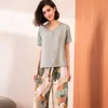 Summer Pajamas Set Women Comfortable Cotton Viscose Contrasting Color Short Sleeve Tops with Long Trousers Ladies Pj 210830