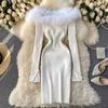 Kobiety Dress Dress 2021aUmn Winter Z Długim Rękawem Off Ramię Białe Sexy Party Sukienki na Nowy Rok Furry Collar Elegancka Robe G1214