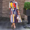 Vestidos casuales Oficina Damas Ropa de trabajo Cuello de arco Impresión A-Line Color Block Vestido Ajuste y Flare Plisado 2021 Otoño Moda Mujer