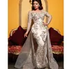 Lyx Dubai Lace Mermaid Evening Klänningar med avtagbar Tåg Långärmad Applikationer Pärlor Plus Storlek Formell Prom Dress Robe de Mariée