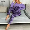 Spring Ladies Sets Sportswear Long Sleeve One-shoulder Printed Heart Tops Leopard Print Trousers Autumn Women Casual Suit X0428