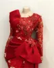 Africain manches longues dentelle sirène robes De soirée 2021 Aso Ebi manches longues plis peplum rouge robes De bal Robe De soirée