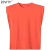 Women fashion solid color shoulder pad casual T-shirts female basic o neck sleeveless knitted T shirt chic leisure tops T678 210420