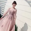 Etnisk Kläder Fairy Pink Evening Party Dress Exquisite Appliques Kändis Bankett Elegant A-Line Hostess Slim Maxi Mesh