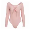 Sexy Tie V Neck Thread Knitting Bodysuit Women Pink Long Sleeve Rompers Womens Jumpsuit Casual One-pieces Bodysuits 210430